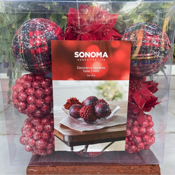 Sonoma Other - Sonoma Holiday Decorative Spheres 9 Vase Filler Red Plaid Berries Poinsettia NEW